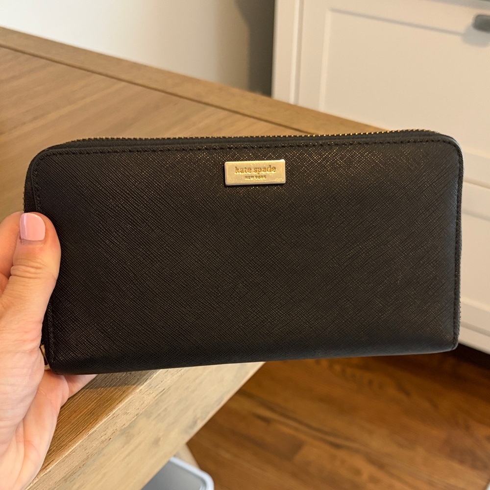 kate spade Black Saffiano Zip-Around Continental Wallet with Gold Plaque